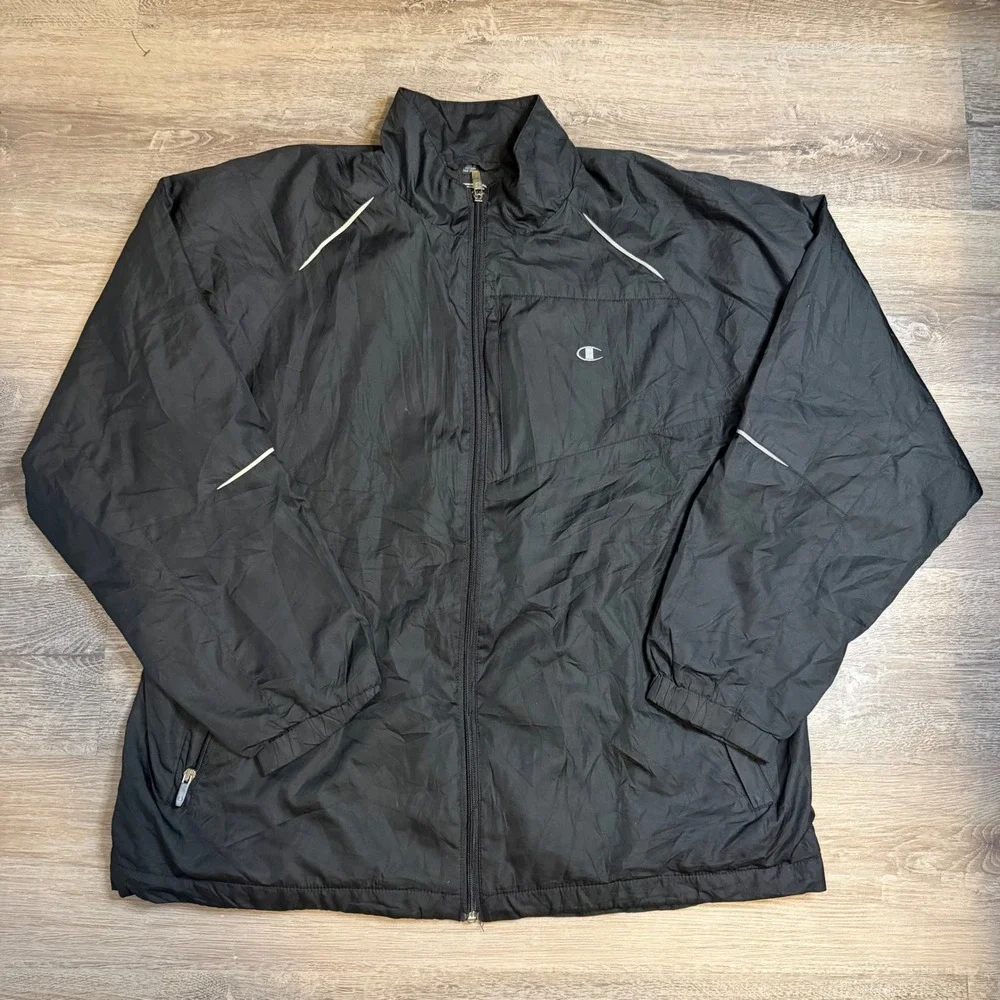 Champion Mens Black Windbreaker Jacket Reflective Trim Full Zip Large RN 55254